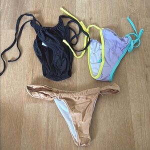 Bikini Bottom Lot Black and Tan Swimwear Set with Thin Straps